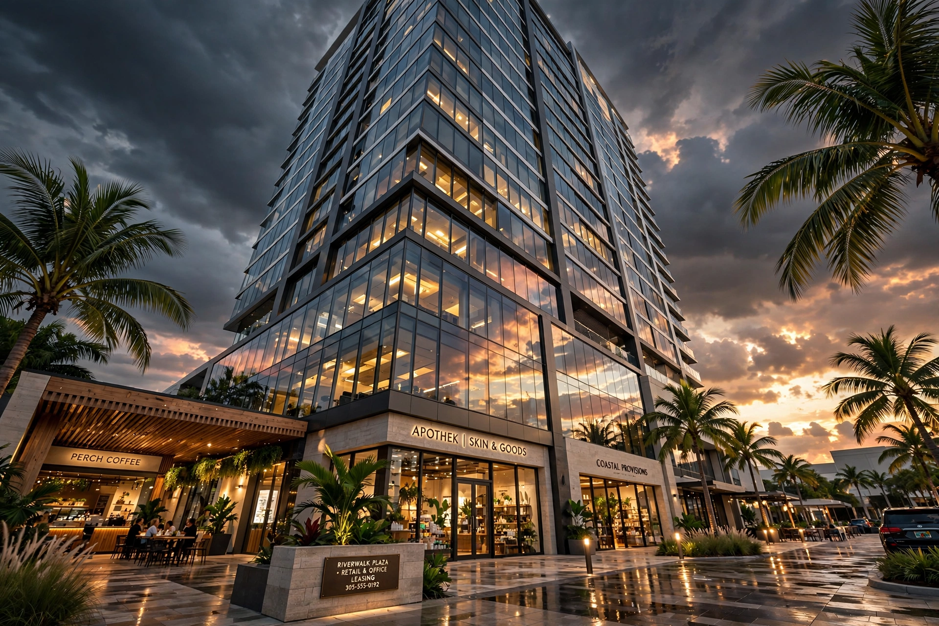 Modern commercial building at golden hour