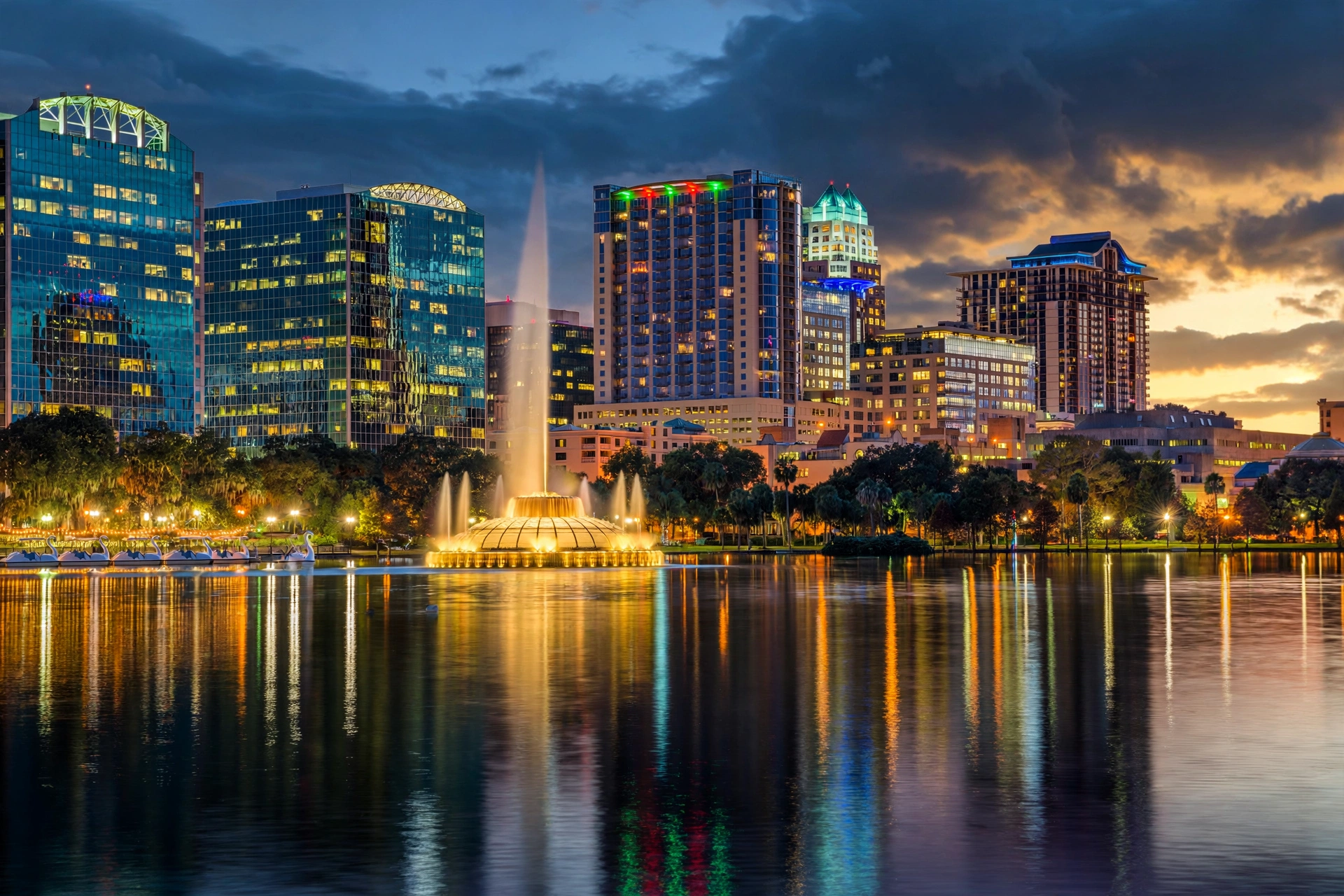 Downtown Orlando skyline over Lake Eola at dusk