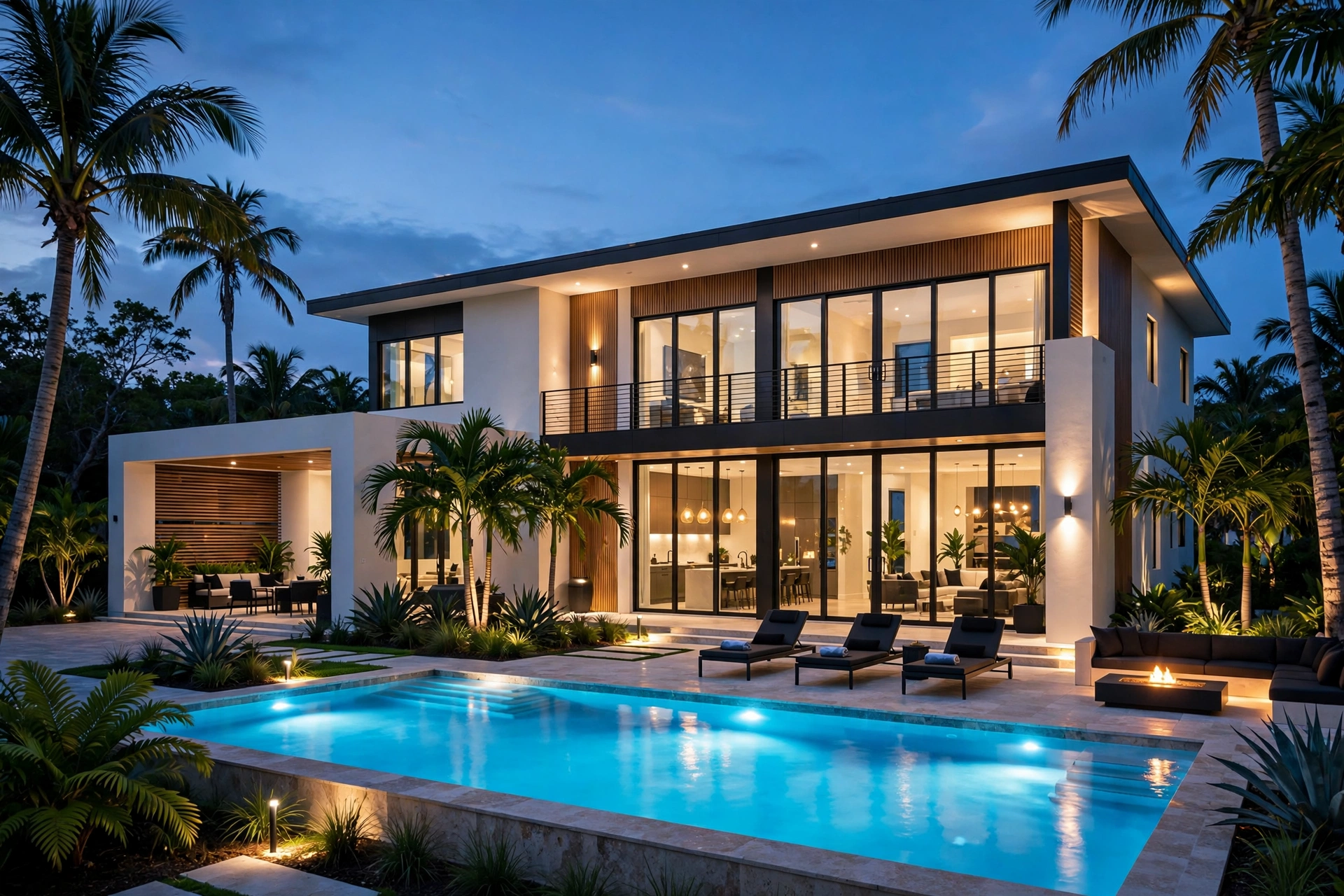 Luxury Florida home at twilight with pool